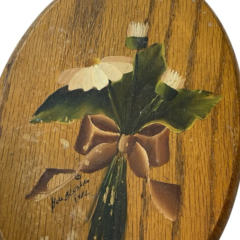 Vintage Wooden Hand Mirror, Beveled,‎ handpainted Floral Design - Artist Signed